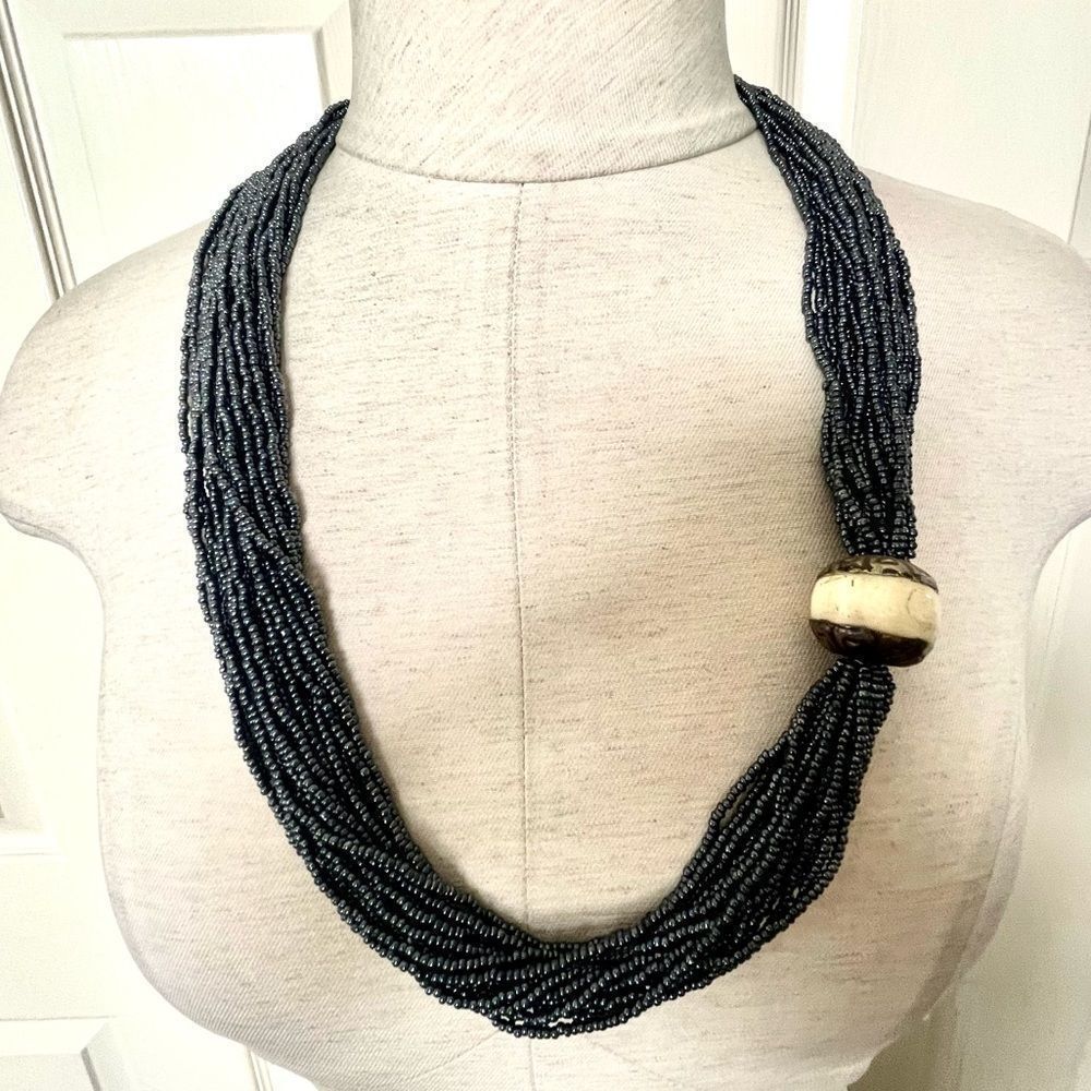 Grey seed bead multi strand bone bead necklace